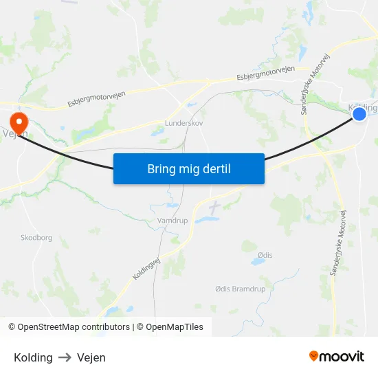 Kolding to Vejen map