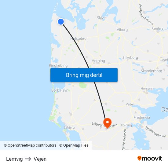 Lemvig to Vejen map