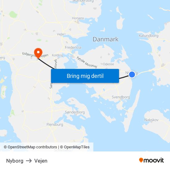 Nyborg to Vejen map