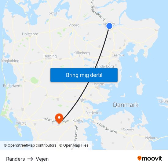 Randers to Vejen map