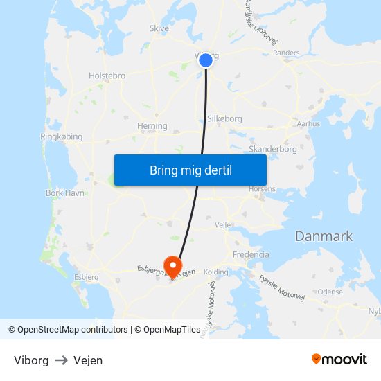 Viborg to Vejen map