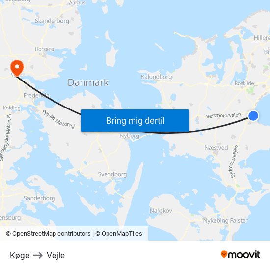 Køge to Vejle map