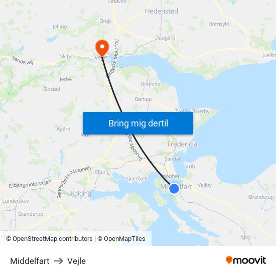 Middelfart to Vejle map