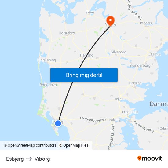 Esbjerg to Viborg map