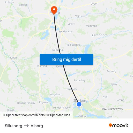 Silkeborg to Viborg map