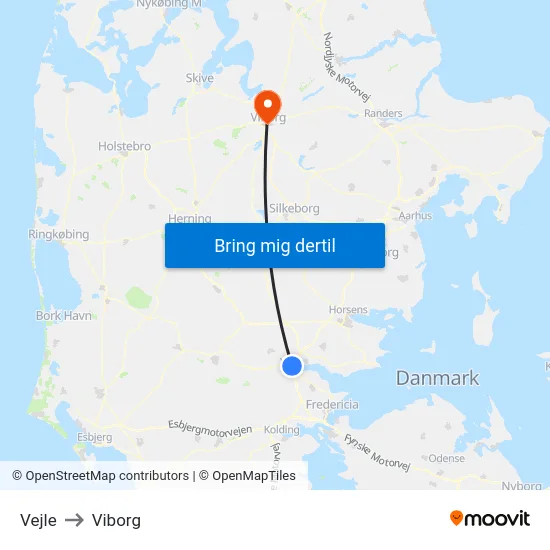 Vejle to Viborg map