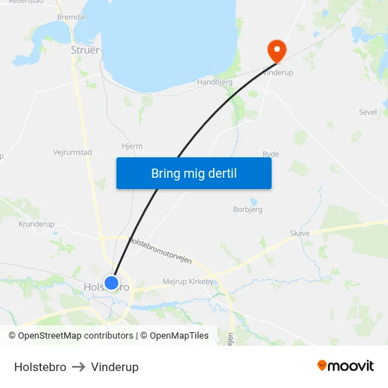 Holstebro to Vinderup map