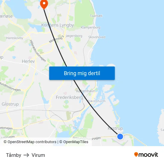 Tårnby to Virum map