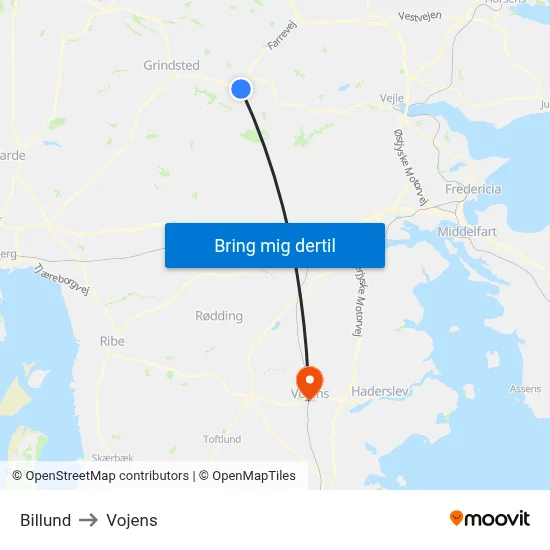 Billund to Vojens map