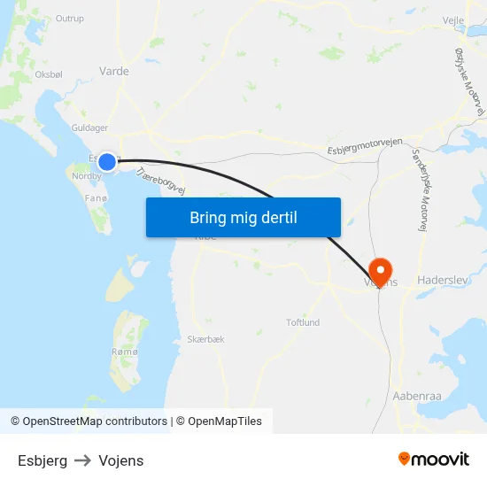 Esbjerg to Vojens map