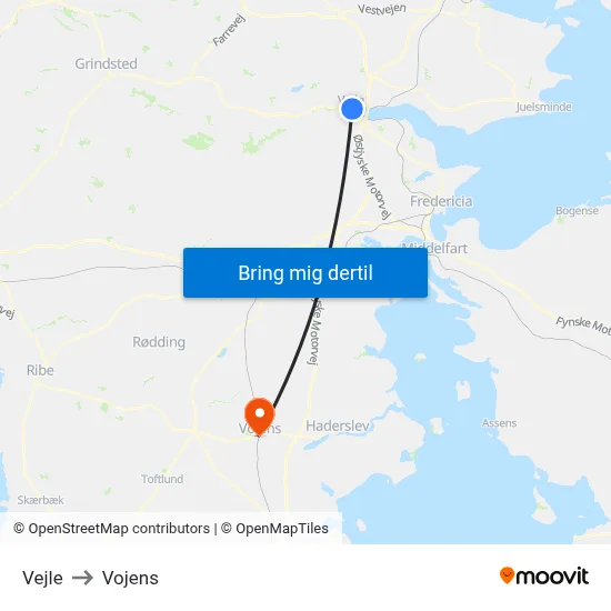 Vejle to Vojens map
