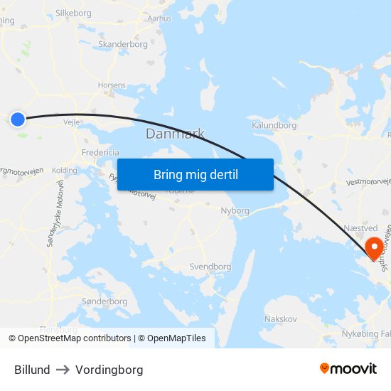 Billund to Vordingborg map