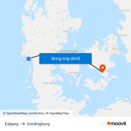 Esbjerg to Vordingborg map