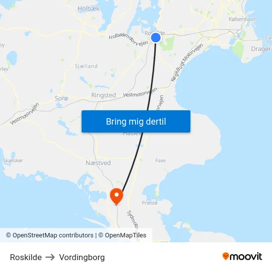 Roskilde to Vordingborg map