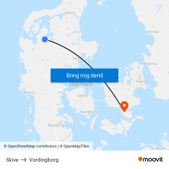 Skive to Vordingborg map