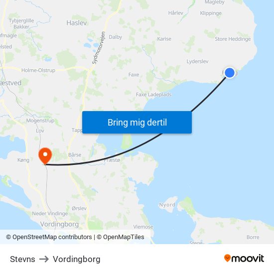 Stevns to Vordingborg map