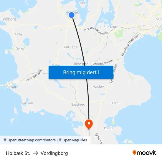Holbæk St. to Vordingborg map