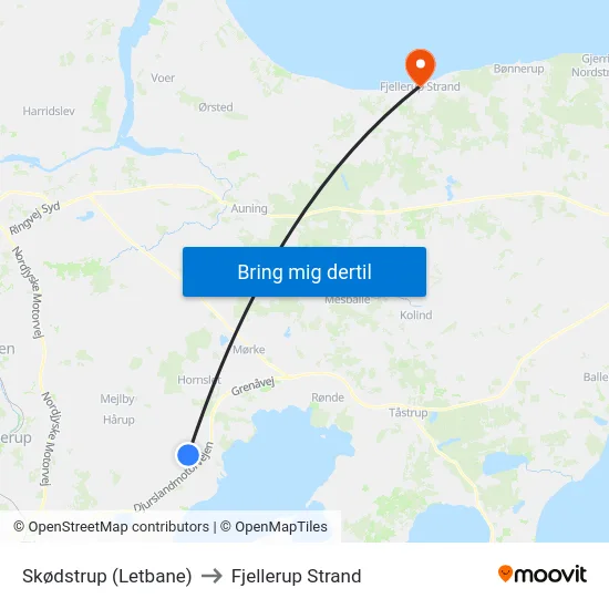 Skødstrup (Letbane) to Fjellerup Strand map