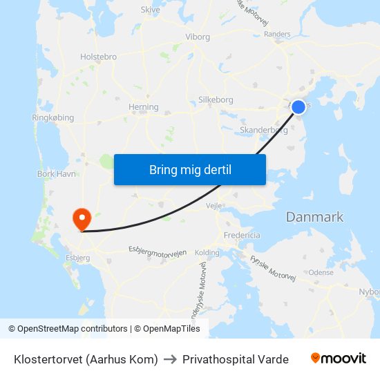 Klostertorvet (Aarhus Kom) to Privathospital Varde map