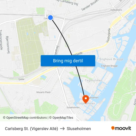 Carlsberg St. (Vigerslev Allé) to Sluseholmen map