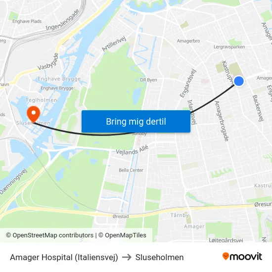 Amager Hospital (Italiensvej) to Sluseholmen map