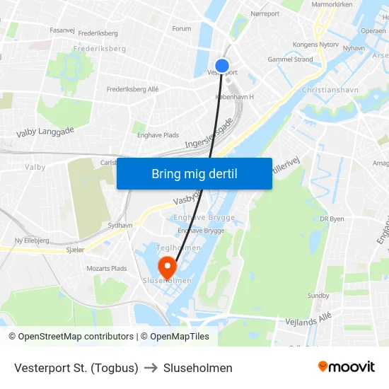 Vesterport St. (Togbus) to Sluseholmen map