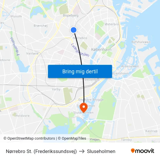 Nørrebro St. (Frederikssundsvej) to Sluseholmen map