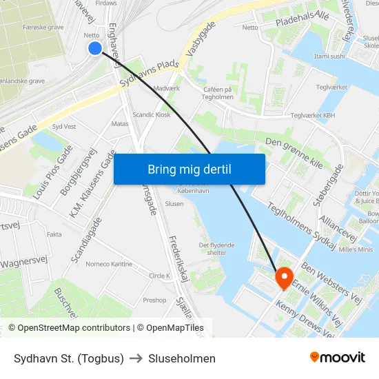 Sydhavn St. (Togbus) to Sluseholmen map