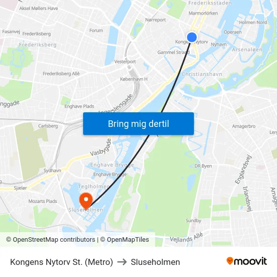 Kongens Nytorv St. (Metro) to Sluseholmen map