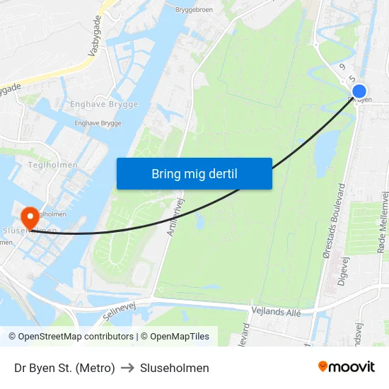 Dr Byen St. (Metro) to Sluseholmen map