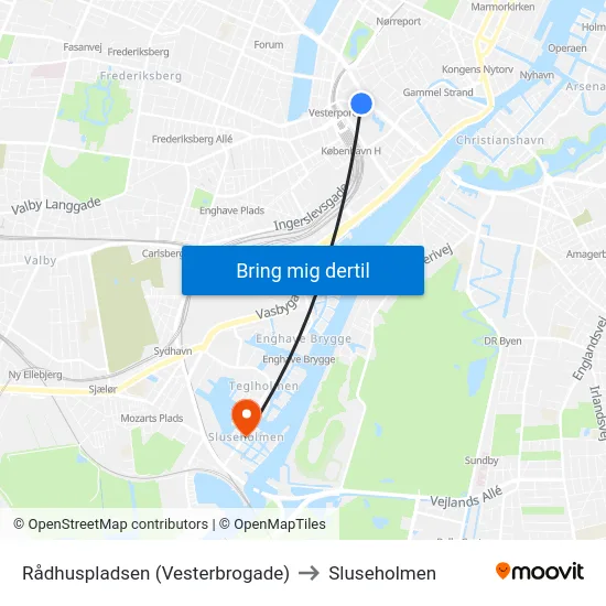 Rådhuspladsen (Vesterbrogade) to Sluseholmen map