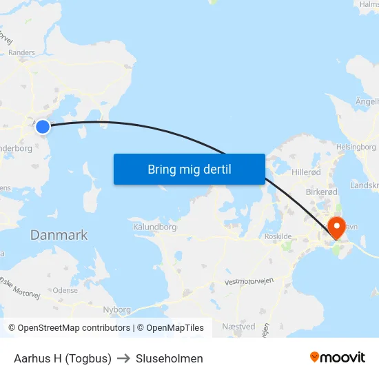 Aarhus H (Togbus) to Sluseholmen map