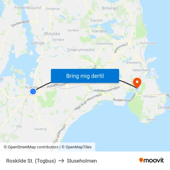 Roskilde St. (Togbus) to Sluseholmen map