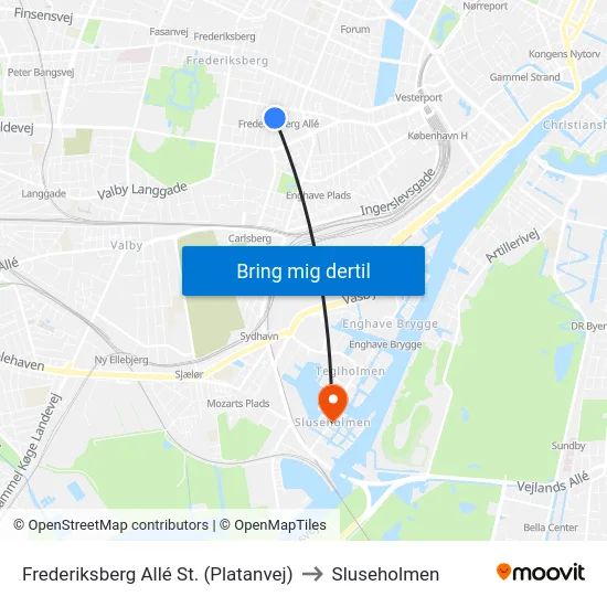 Frederiksberg Allé St. (Platanvej) to Sluseholmen map