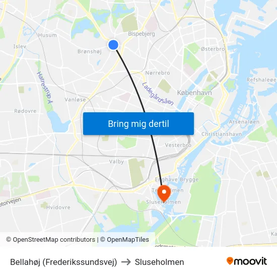 Bellahøj (Frederikssundsvej) to Sluseholmen map