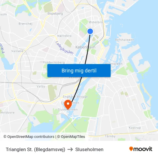 Trianglen St. (Blegdamsvej) to Sluseholmen map