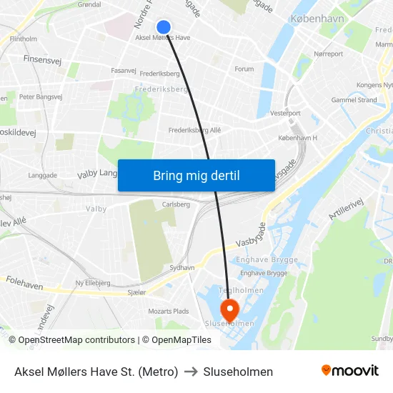 Aksel Møllers Have St. (Metro) to Sluseholmen map
