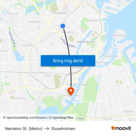 Nørrebro St. (Metro) to Sluseholmen map