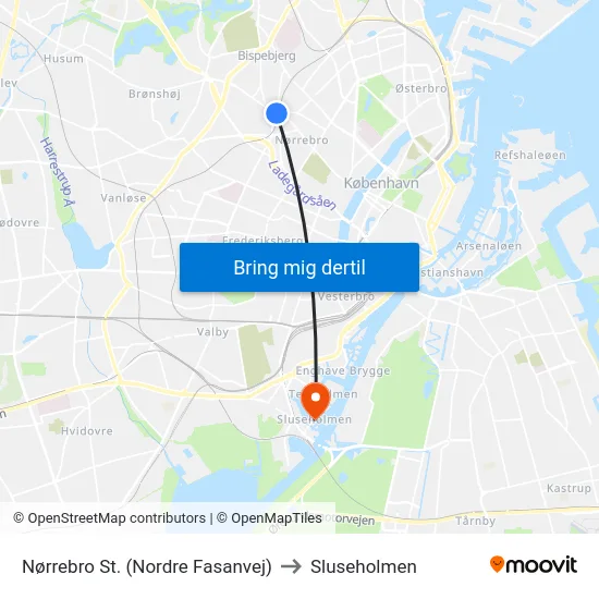 Nørrebro St. (Nordre Fasanvej) to Sluseholmen map