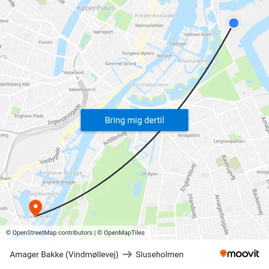 Amager Bakke (Vindmøllevej) to Sluseholmen map