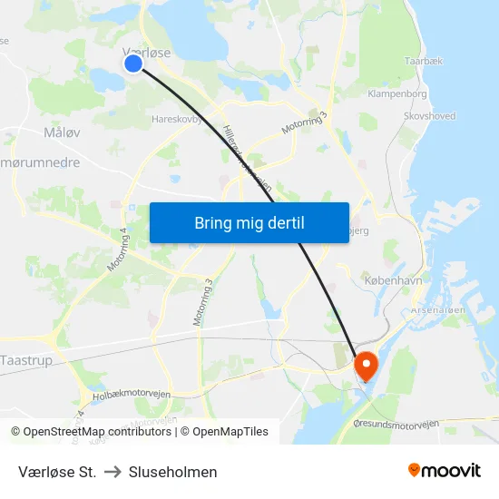 Værløse St. to Sluseholmen map