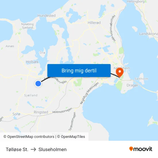 Tølløse St. to Sluseholmen map