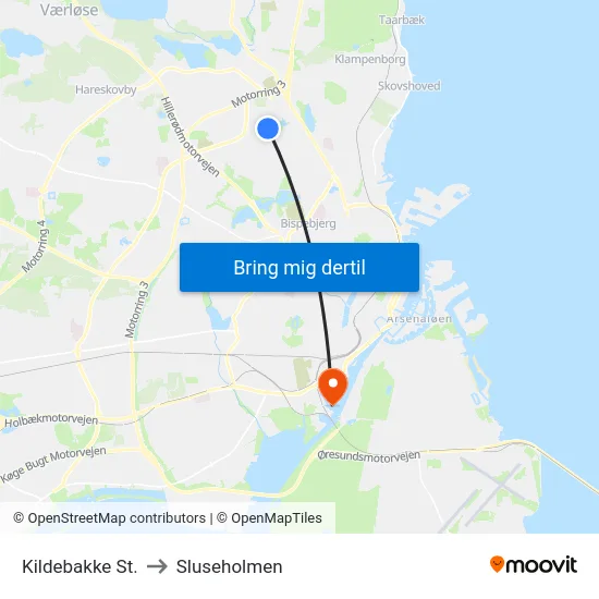 Kildebakke St. to Sluseholmen map