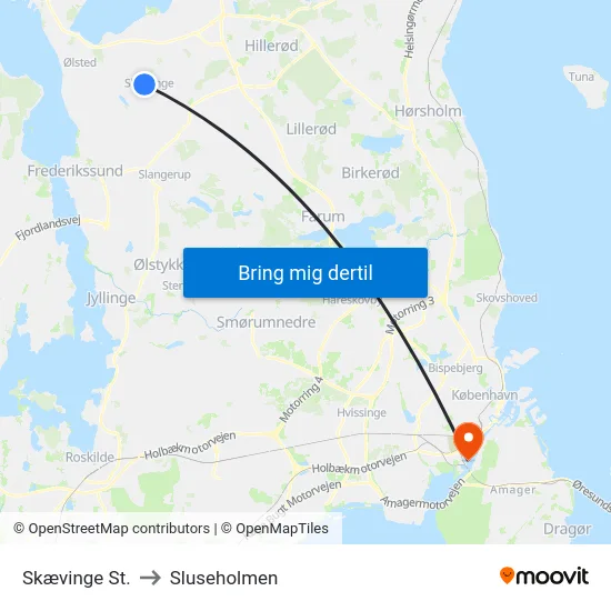 Skævinge St. to Sluseholmen map