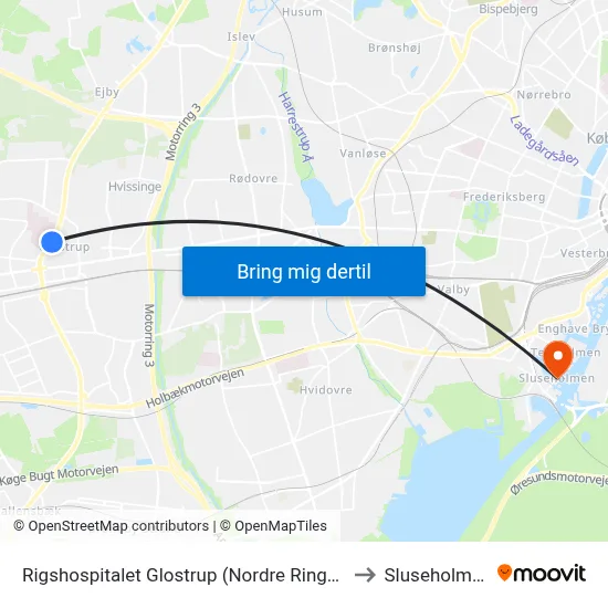 Rigshospitalet Glostrup (Nordre Ringvej) to Sluseholmen map