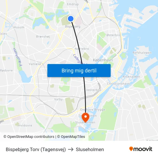 Bispebjerg Torv (Tagensvej) to Sluseholmen map