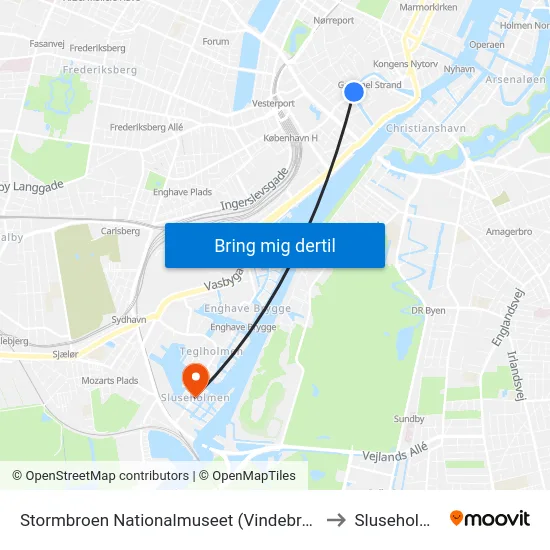 Stormbroen Nationalmuseet (Vindebrogade) to Sluseholmen map