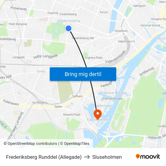 Frederiksberg Runddel (Allegade) to Sluseholmen map