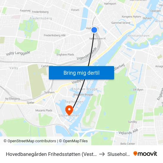 Hovedbanegården Frihedsstøtten (Vesterbrogade) to Sluseholmen map