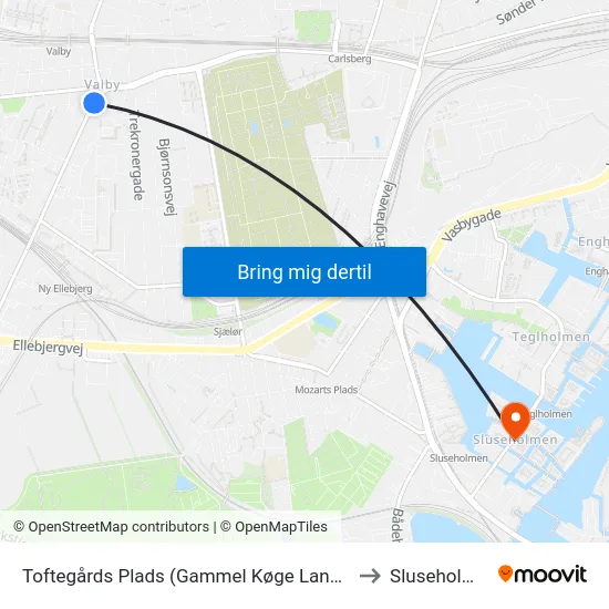 Toftegårds Plads (Gammel Køge Landevej) to Sluseholmen map